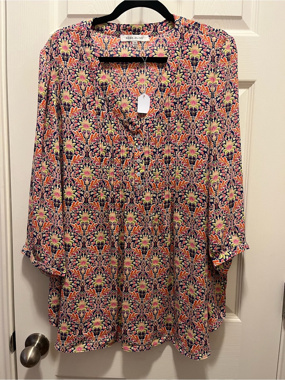 Rose + Olive Floral Boho Tunic Blouse 2X Bell Sleeves